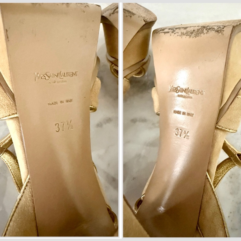 Yves Saint Laurent YSL Tribute Beige Tan Suede Gold Trim Platform Heels 37.5 - Picture 8 of 16